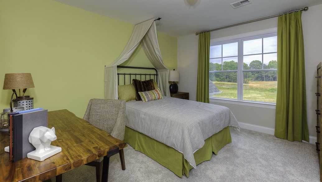 Carpeted bedroom with large window