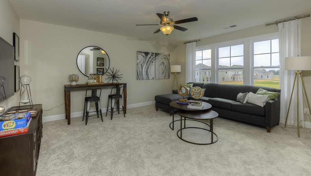 Carpeted recreational room with large windows