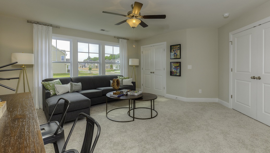 Carpeted recreational room with large windows