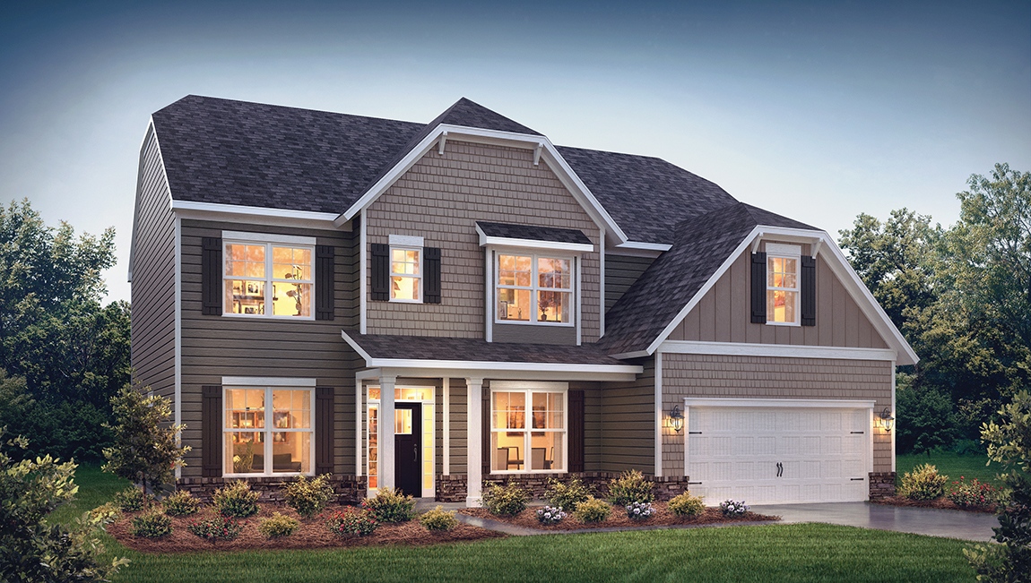 Washington B front exterior with dark siding and stone