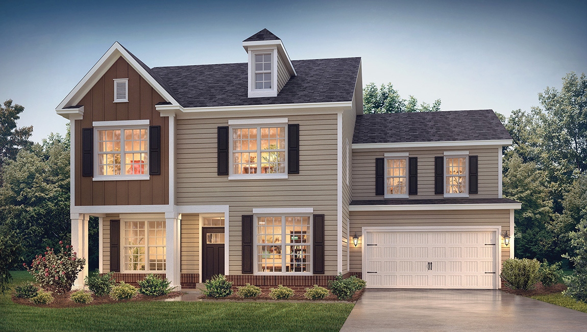 Kristin front exterior rendering with siding, brick and two car garage