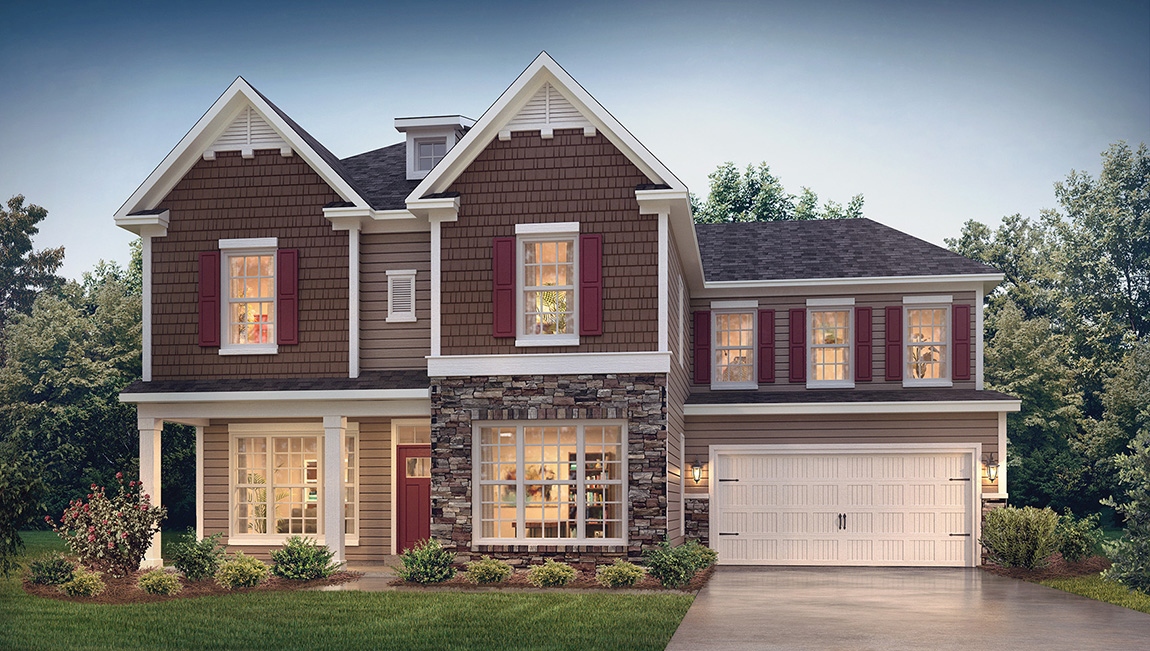 Kristin front exterior rendering with siding, brick and two car garage