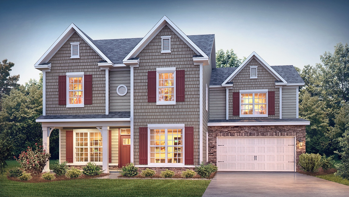 Kristin front exterior rendering with siding, brick and two car garage