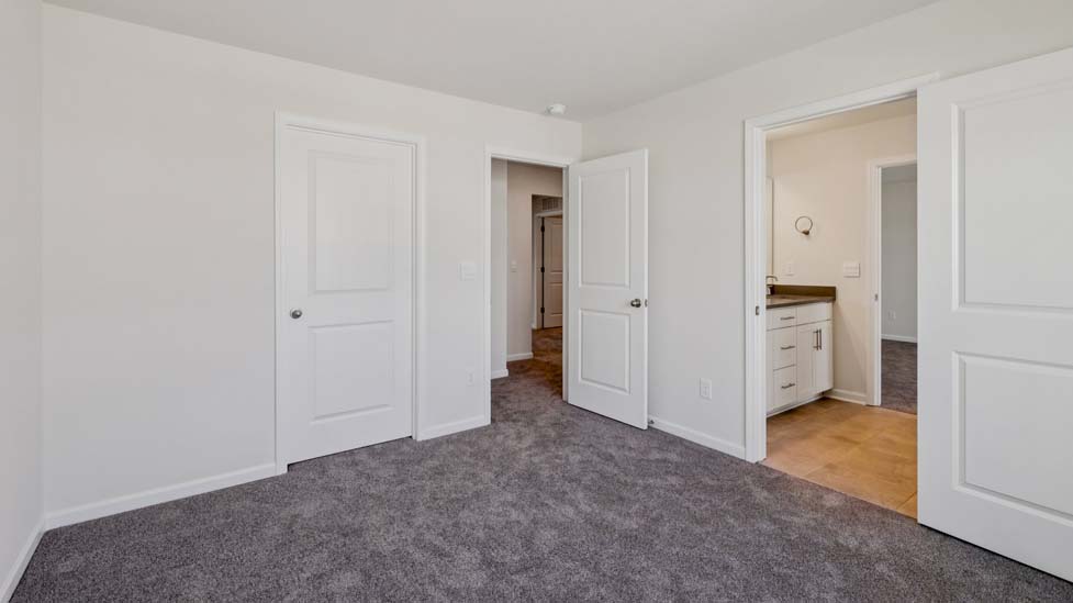 Carpeted guest room with large window and view of closet and entryway doors
