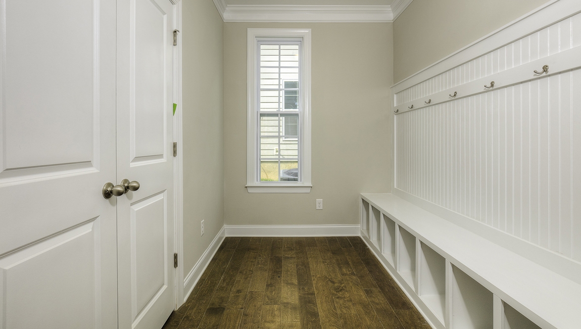 Dropzone with bench and hooks for hanging small window