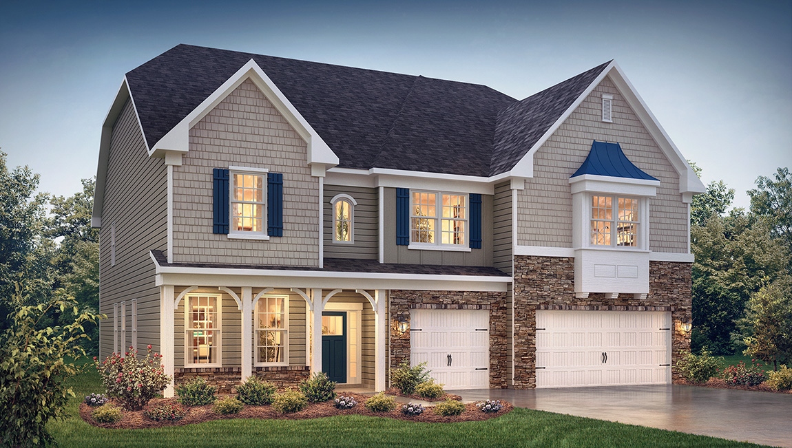 Jasmine front exterior rendering with beige siding and three car garage