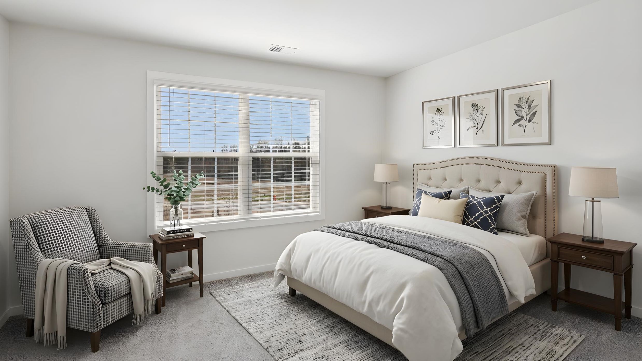 Carpeted bedroom with large window