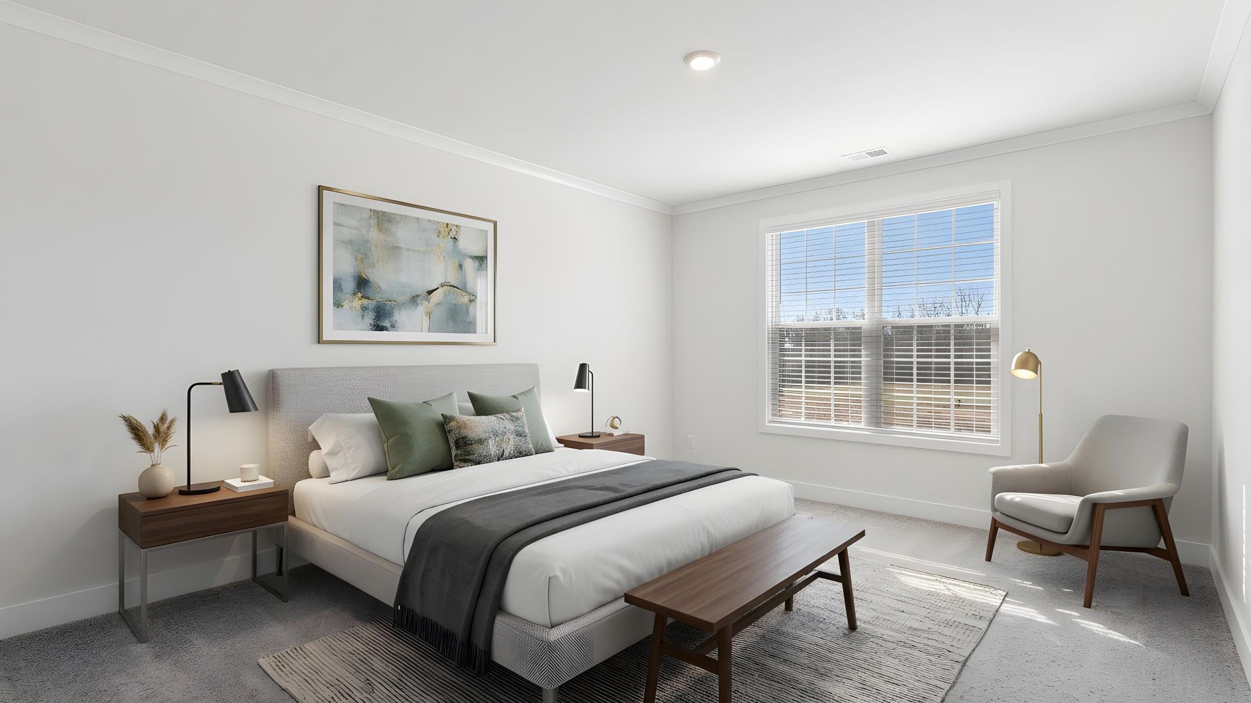 Carpeted bedroom with large window