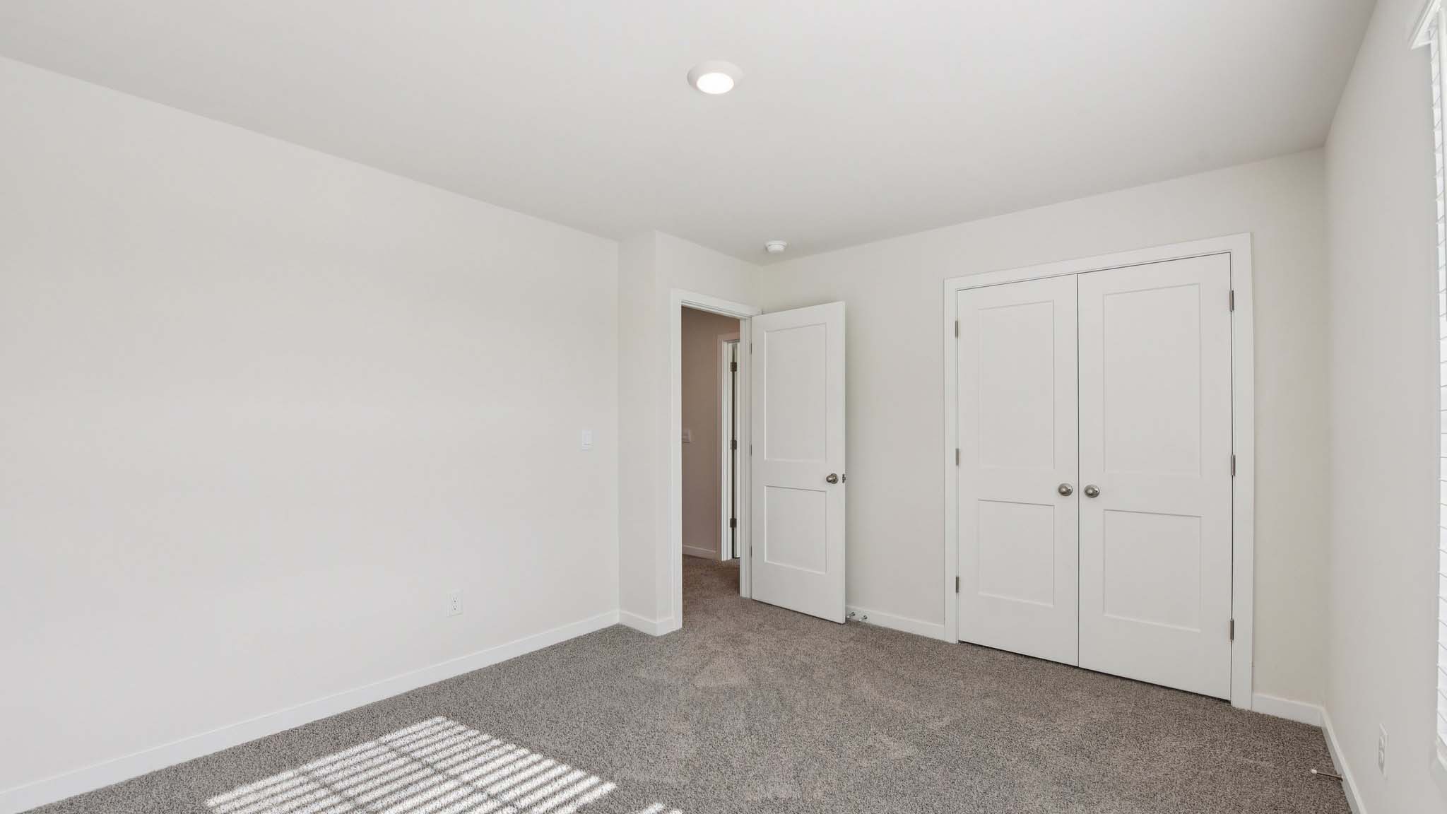 Carpeted bedroom with large window