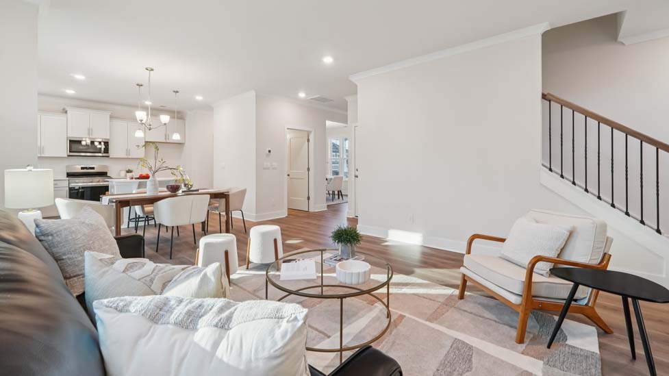 family room with large window and fireplace