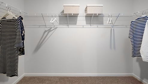 Primary bedroom walk in closet with carpet and racks for hanging and storage