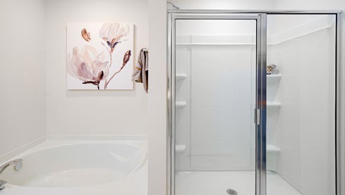 Primary bathroom with bathtub and standing glass door shower