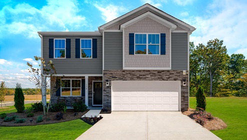 Calvin Creek Model front exterior with siding, stone and two car garage