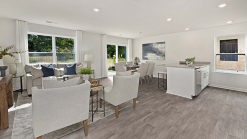 Living room with vinyl floors, and large windows