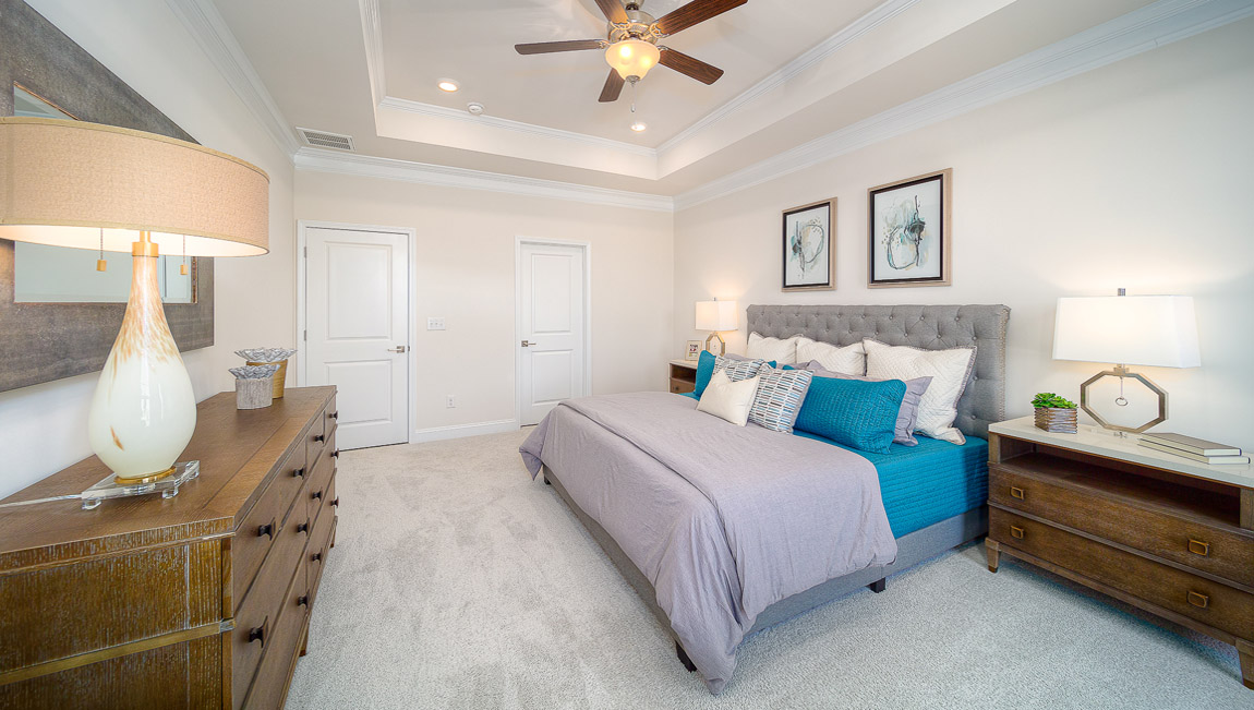Primary bedroom with carpet, and two large windows
