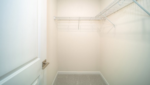 Carpeted walk in closet with built in racks for hanging and storage