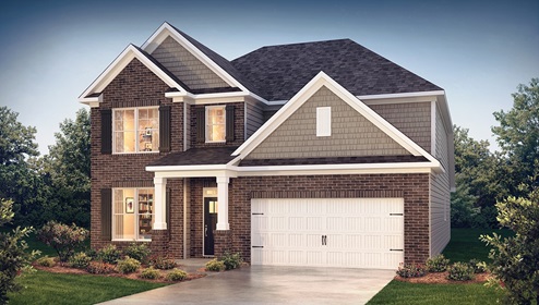 Windsor front exterior with beige siding, brick and two car garage