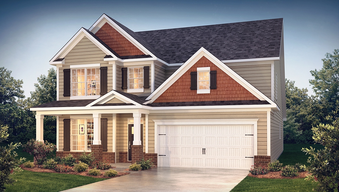 Windsor front exterior with beige siding, brown siding, and brick and two car garage