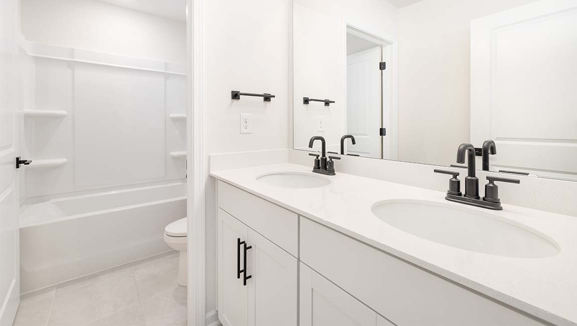 Bathroom with double sink vanity and bathtub shower combination