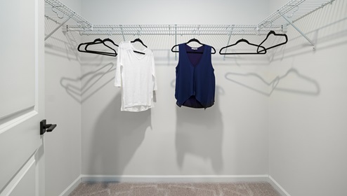 Carpeted walk in closet with built in hanger racks