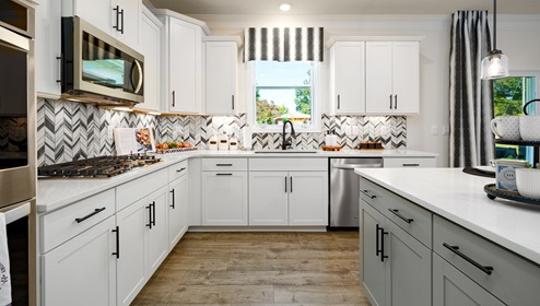 Kitchen and island with wood floors, white cabinets, quartz counters, and stainless steel appliances