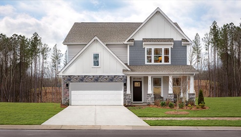 Hampshire Model Exterior with Siding and Stone at Falls Cove in Troutman, NC