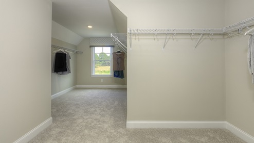 Primary carpeted walk in closet with window and built in hanger racks