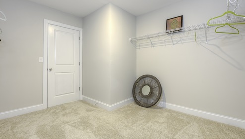 Primary walk in closet with carpet and built in hanger racks