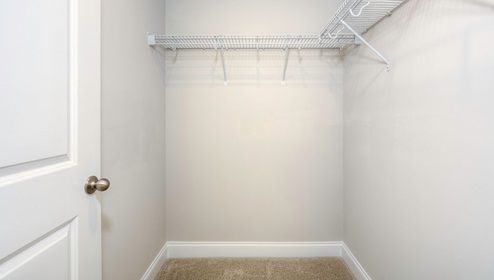 Carpeted walk in closet with racks for hanging