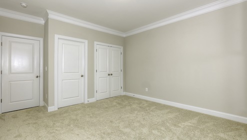 Carpeted guest room with large window and view of closet and entryway doors