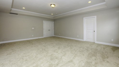 Primary bedroom with carpet and view of entryway double doors