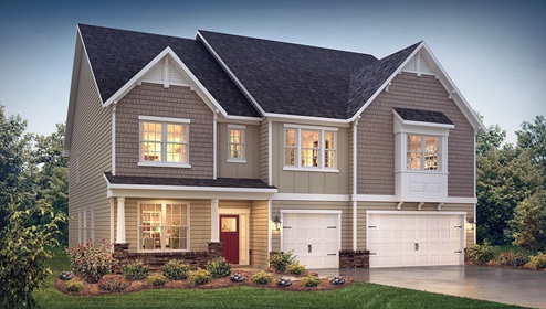 Jasmine front exterior rendering with beige siding and three car garage