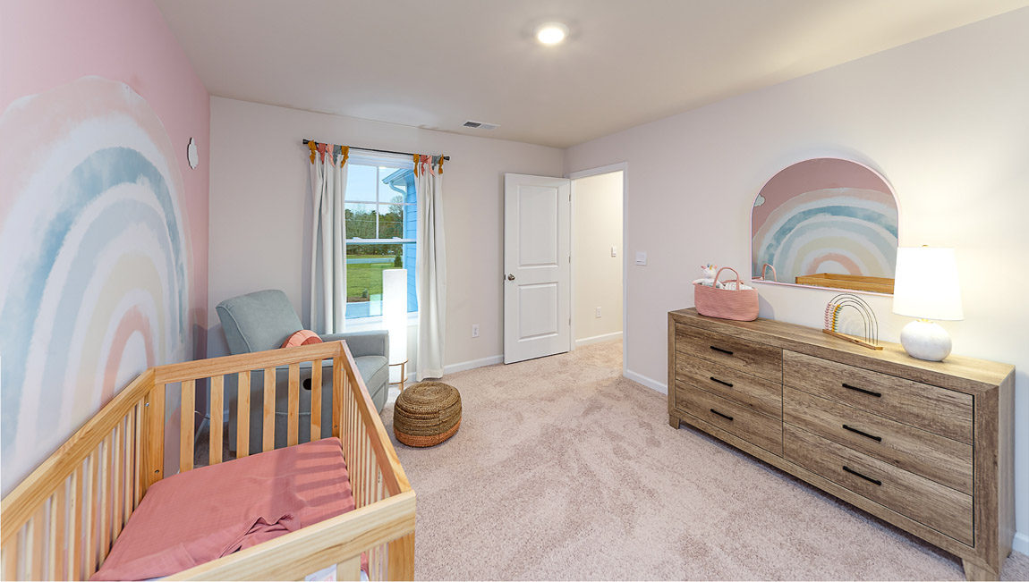 Carpeted bedroom with 3 small windows