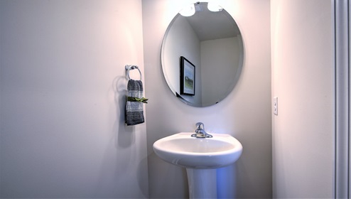Powder bathroom with white sink and mirror