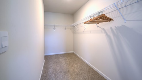 Carpeted walk in closet with racks