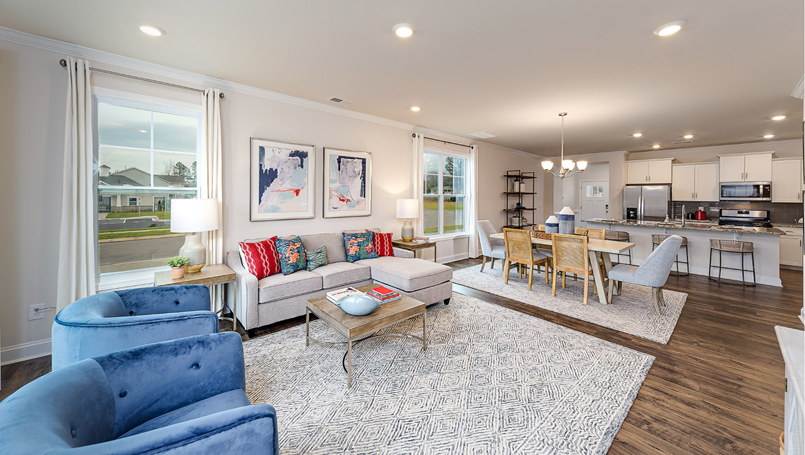 Family room with large windows, open concept
