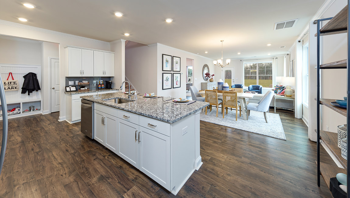 Family room with large windows, open concept