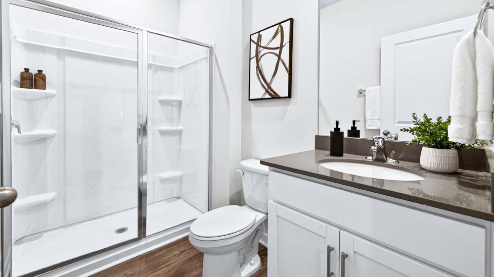 Primary bathroom with standing glass shower