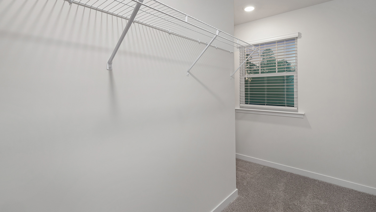 Carpeted walk in closet with built in racks for hanging