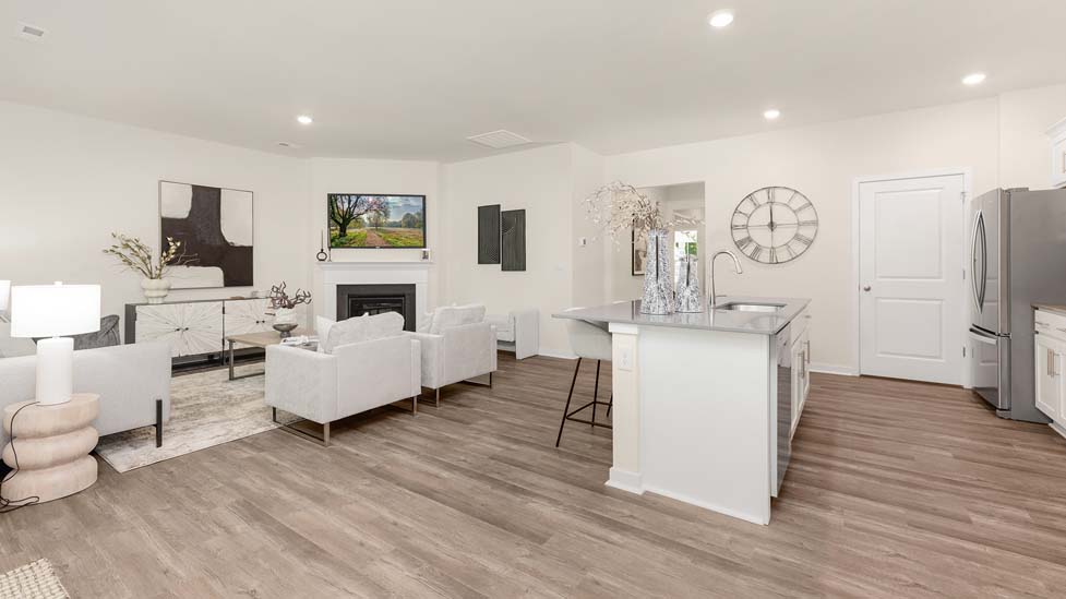 Modern open-concept living room with wood floors, and a fireplace, located beside kitchen