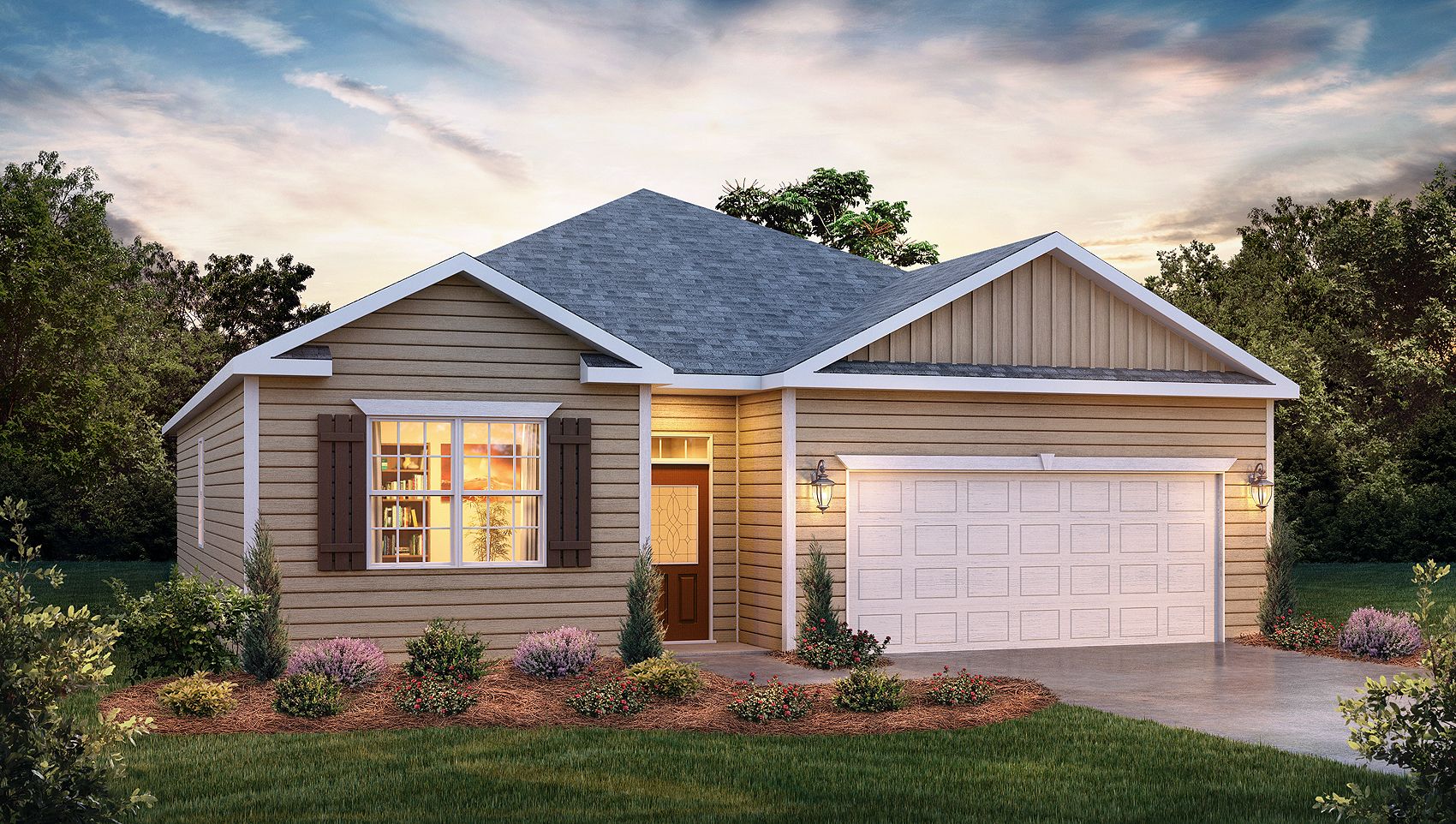 Cali front exterior rendering with siding and two car garage