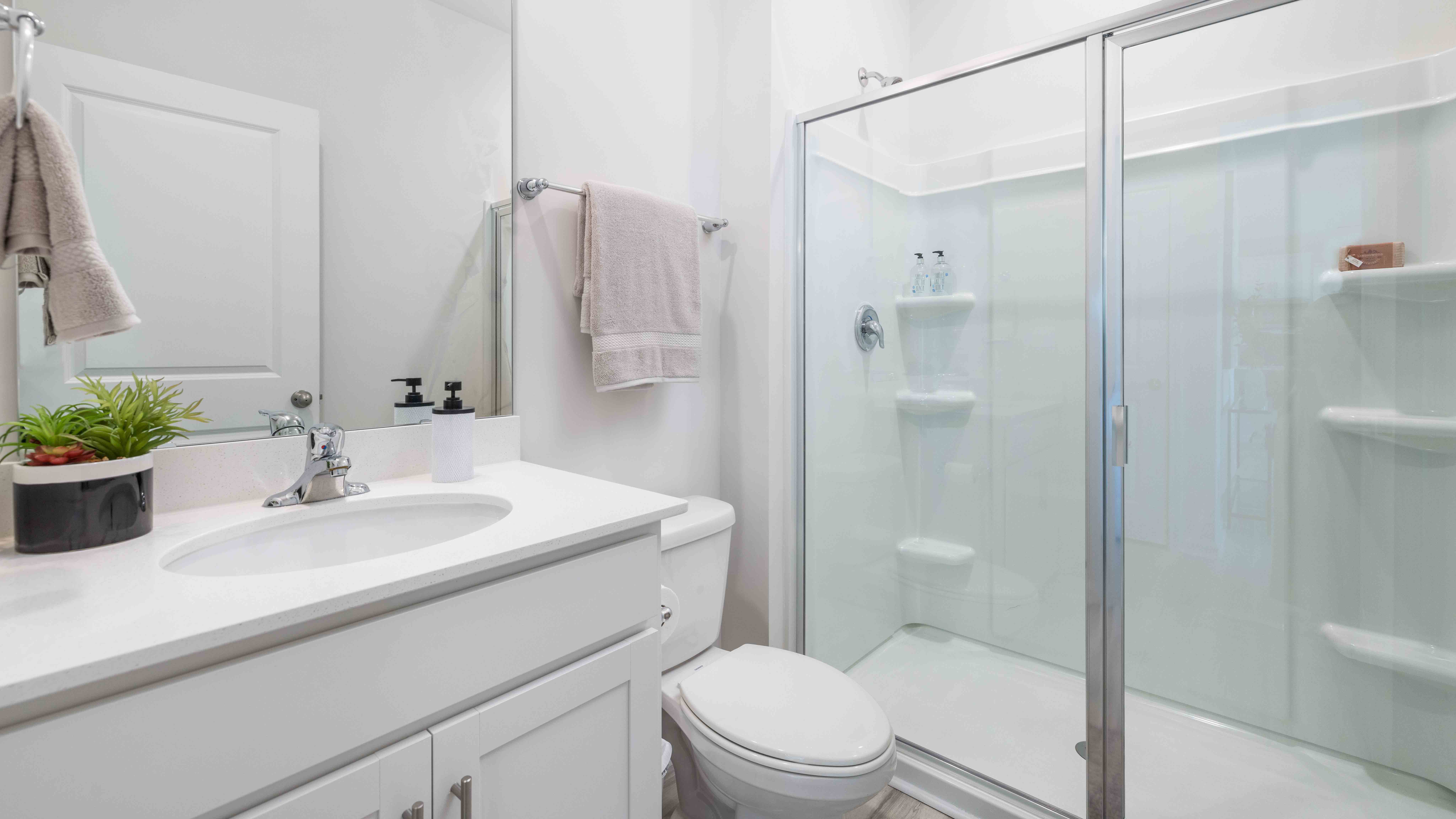 Model bathroom with standing shower