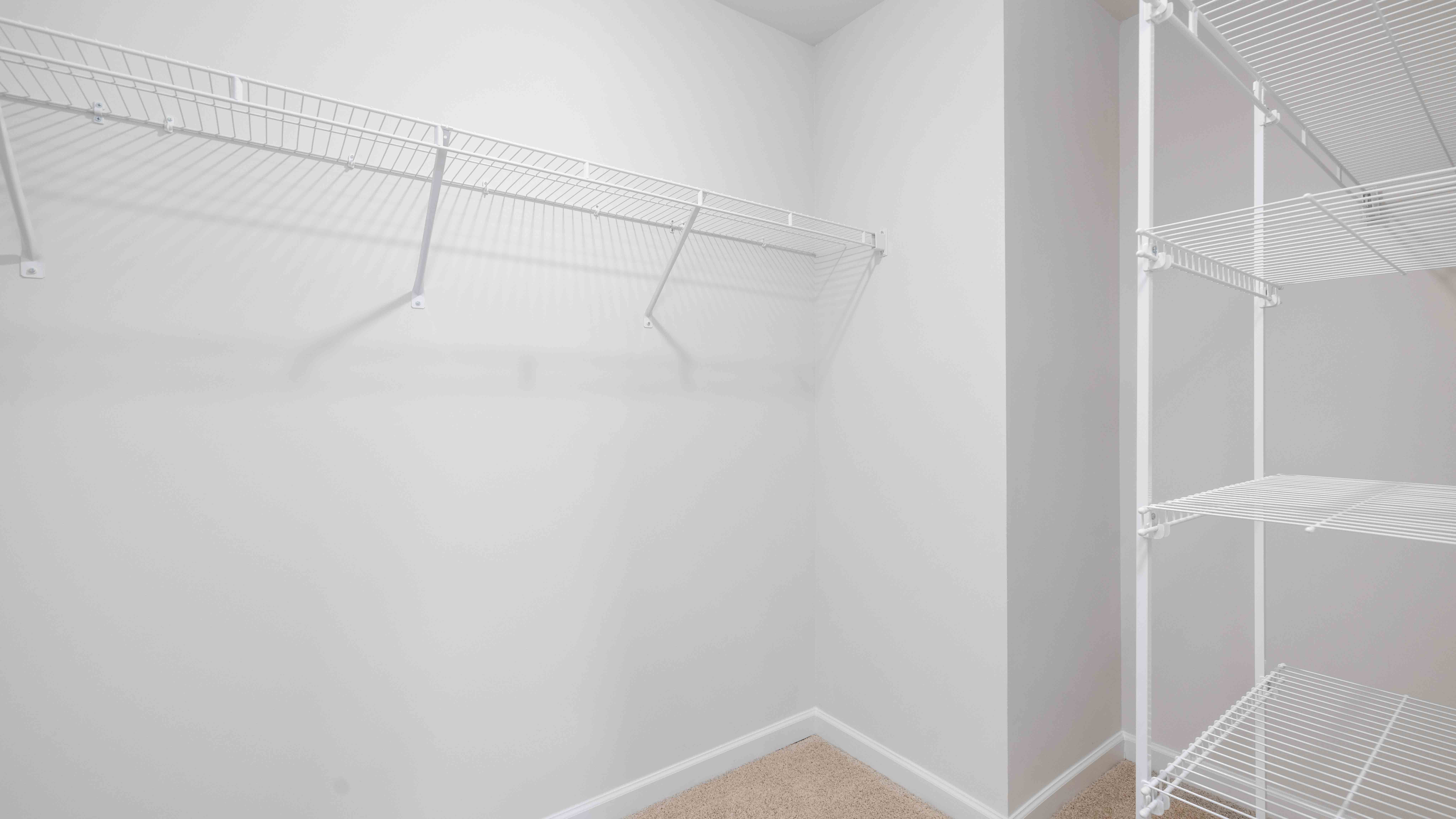 Model primary carpeted bedroom with large window