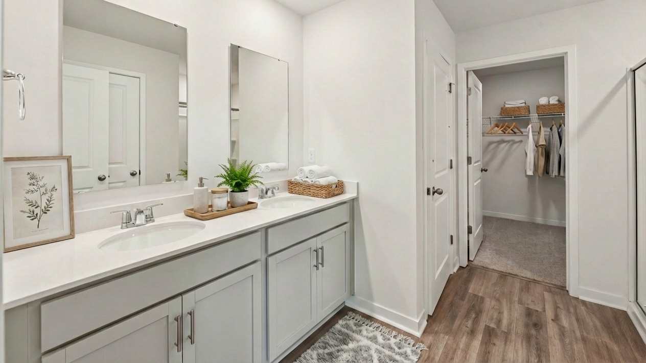 Primary bathroom with double sinks and standing glass shower