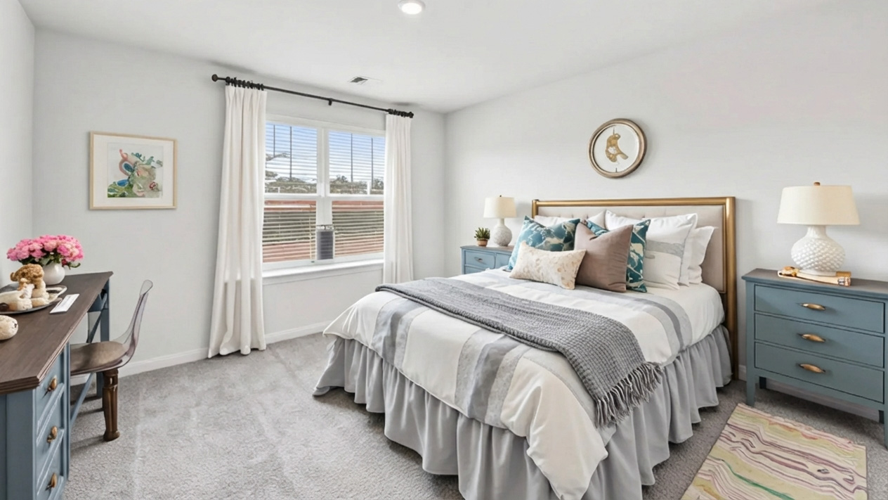 Carpeted bedroom with windows