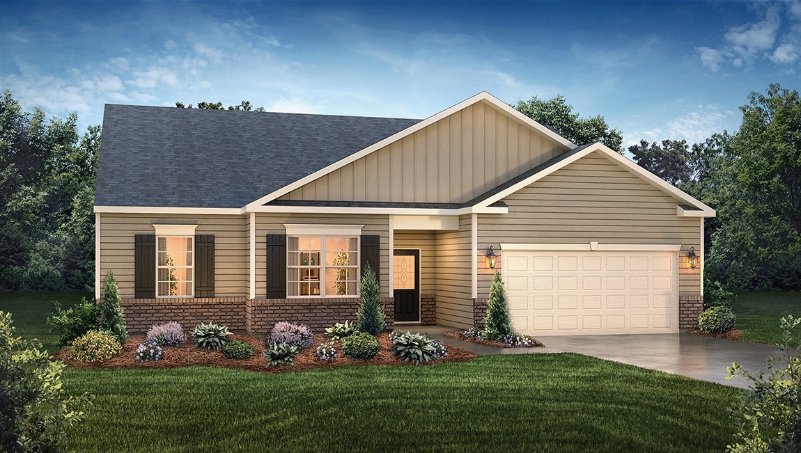 Booth front exterior rendering with siding and garage
