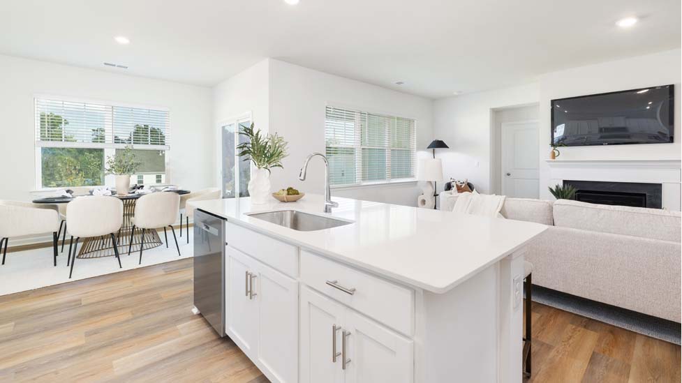Kitchen and island with quartz countertops, white cabinets, and stainless steel appliances