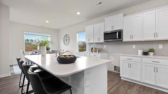 Kitchen and island with quartz countertops, white cabinets, and stainless steel appliances