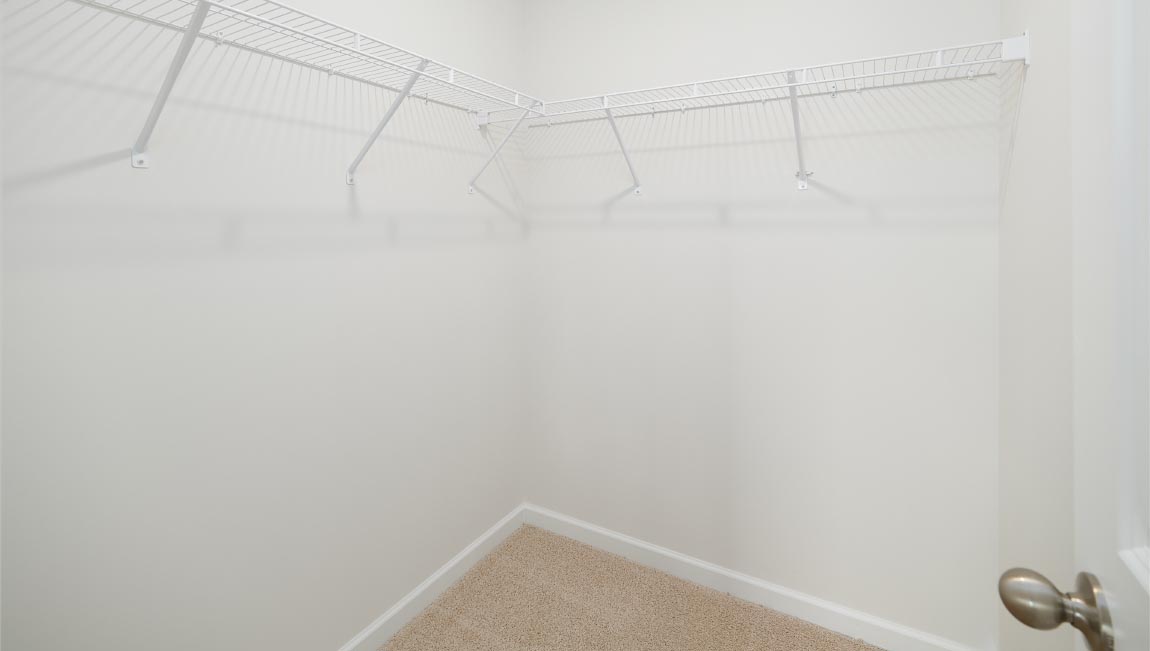 Carpeted primary bedroom with two small windows