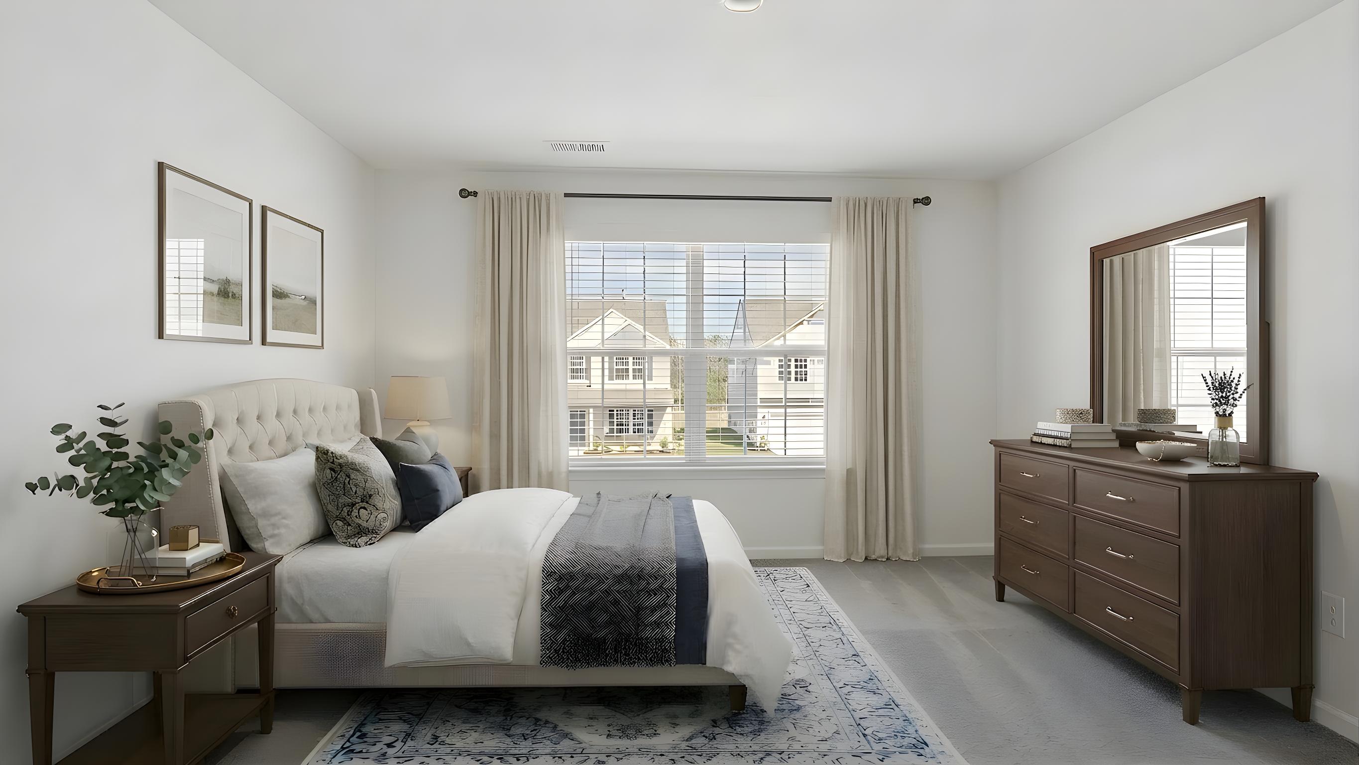 Carpeted bedroom with small windows